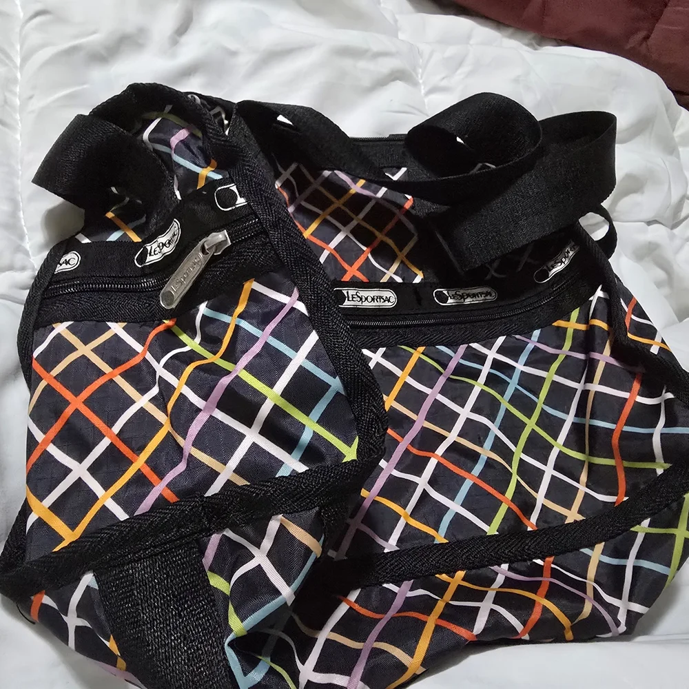 LeSportsac Crossbody Bag with Multicolor Grid on Black - Picture 3 of 4